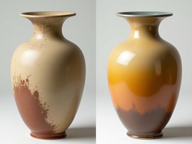 ひび割れと汚れのある古い陶磁器の花瓶と、修復されて美しい輝きを取り戻した花瓶のビフォーアフター