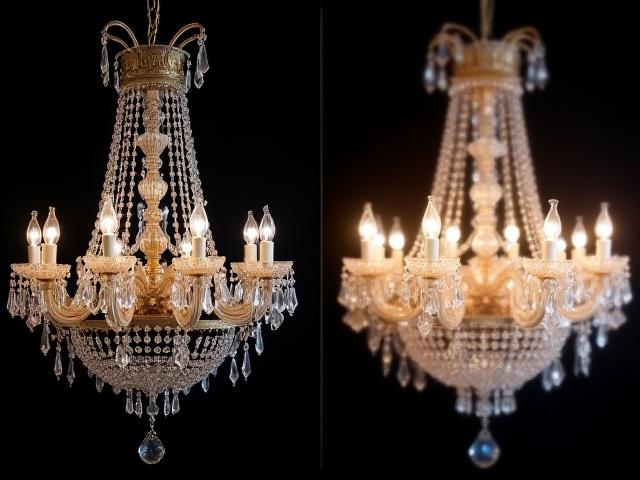埃と汚れでくすんだクリスタルシャンデリアと、輝きを増した浄化後のシャンデリアのビフォーアフター
