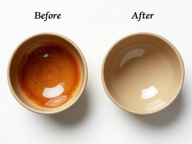 古く茶色のシミが付着した釉薬のかかった陶器製の鉢と、シミが除去され本来の色を取り戻した鉢のビフォーアフター