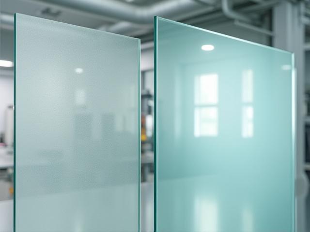 工場で使われる油と塵で汚れた大型ガラスパネルと、高性能洗浄後に透明になったパネルのビフォーアフター