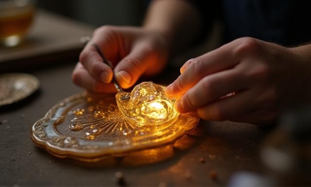 アンティークガラスの芸術品を修復する職人の手