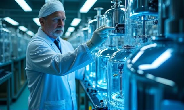 実験室の高性能なガラス装置を清掃する様子